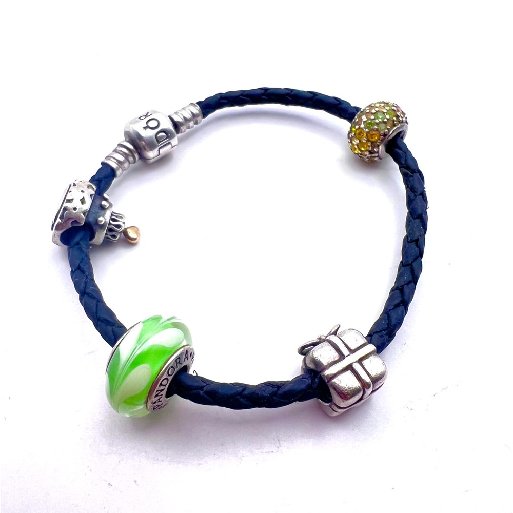 Pandora Leather Charm Bracelet w/ 5 Charms – Sterling & Murano Glass